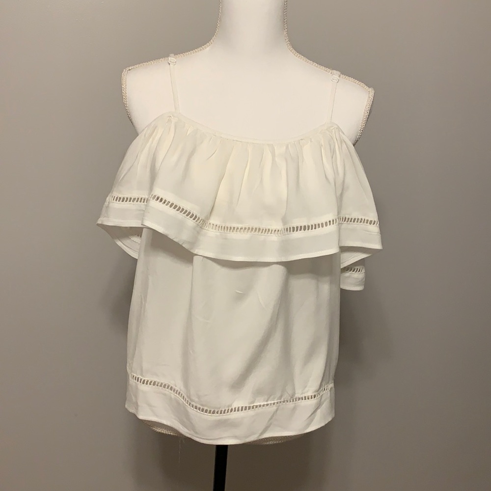 Style Envy, White off-shoulder top with ruffle and spaghetti straps. White, L